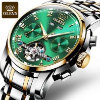 OLEVS Mechanical Men Watches Automatic Stainless Steel Waterproof Date Week Green Fashion Classic Wrist Watches