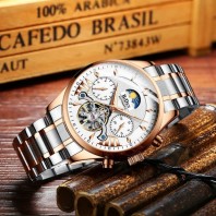 Biden PORUIS BIDEN Men's Business Machinery Perspective Hollow Flywheel Leather and Stainless Steel Strap Watch 3393