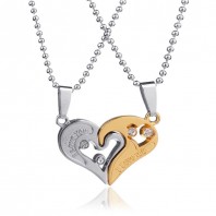 2PCS I Love You Gold Silver Plated Two Heart Pendant Necklace-jw5008